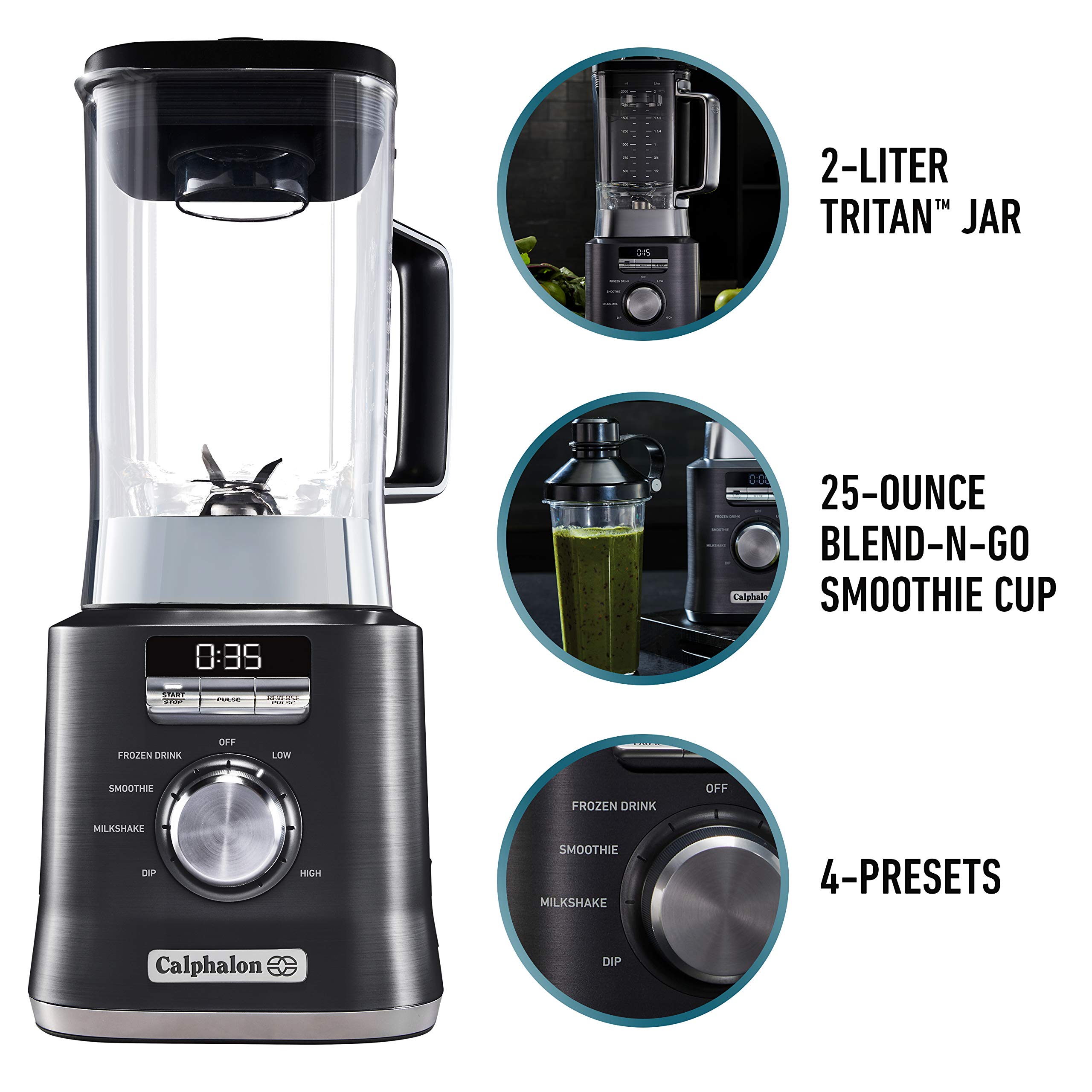 Calphalon Auto-Speed 68 Oz Blender with Blend-N-Go Smoothie Cup and BPA-free Tritan Jar | 1100-Watt Base, Dark Stainless Steel - Image 4