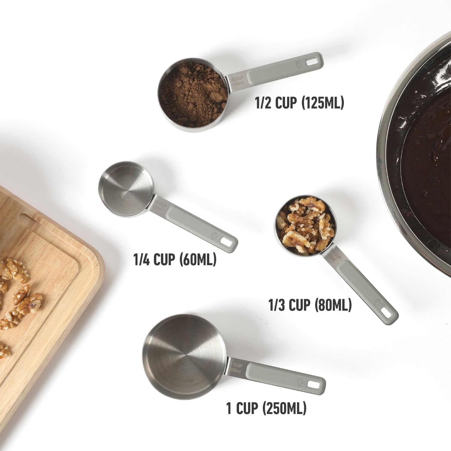 Calphalon Prime 4 Piece Stainless Steel Measuring Cups W/Taupe Silicone Handles - Image 3